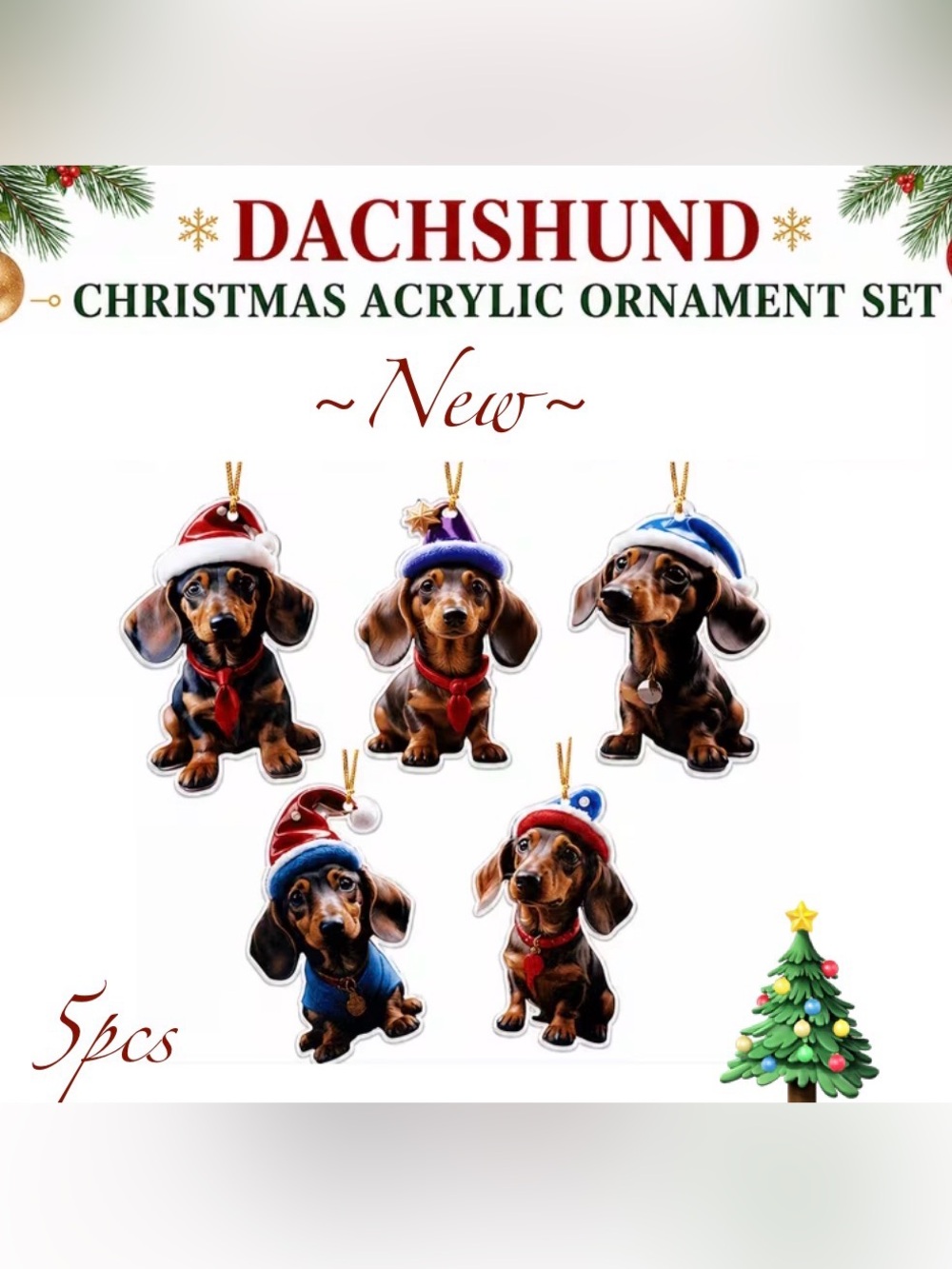Dachshund Christmas Acrylic Ornament Set - Holiday Dachshund (5 pcs) 🐾🆕🐾